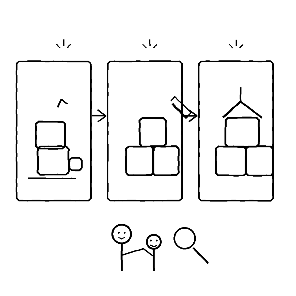 A black-and-white doodle shows three stages of a building-block project, from a wobbly first try through revision to a stable structure.