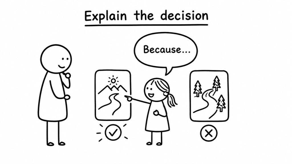 A child explains why they chose a particular solution instead of only showing the finished result.