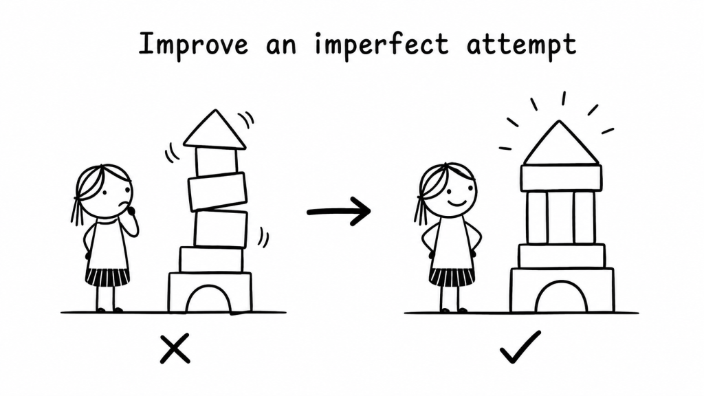 A child improves an imperfect first attempt by changing one part, testing it and trying again.