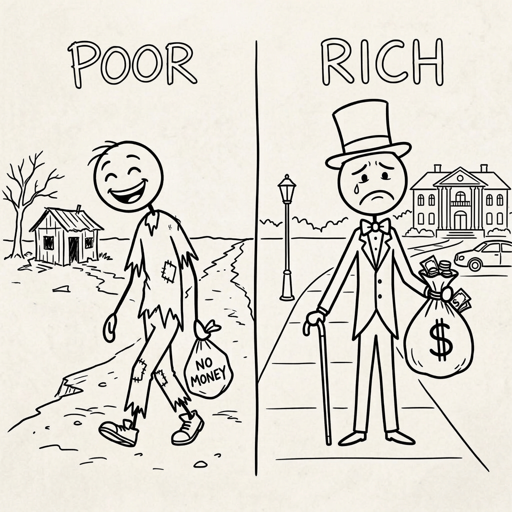 Side-by-side drawing of a poor man in ragged clothes holding a 'no money' bag and a rich man in a tuxedo holding a bag of money