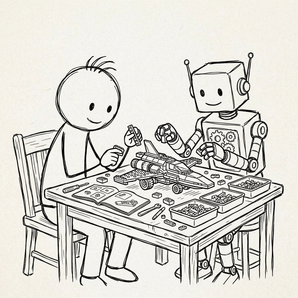 Person and robot assembling a spaceship LEGO model while following instructions