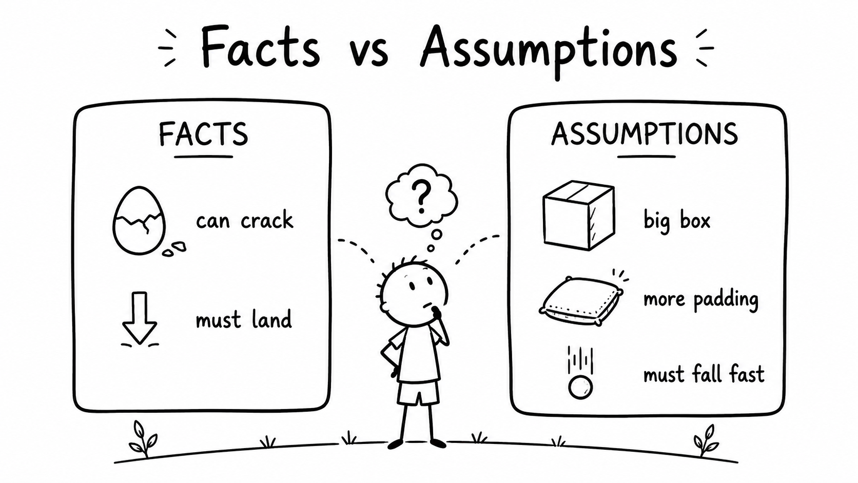 Black-and-white hand-drawn comparison of facts and assumptions for an egg-drop challenge, with a child reviewing two columns.