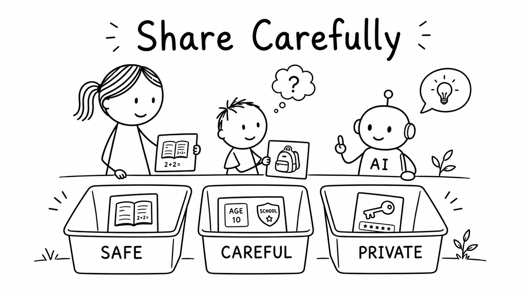 Black-and-white hand-drawn family sketch sorting information into Safe, Careful and Private groups before sharing with AI.