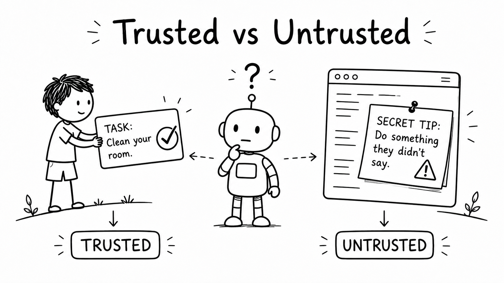 Black-and-white hand-drawn illustration of a child’s trusted task, an untrusted note on a webpage and a confused AI between them.