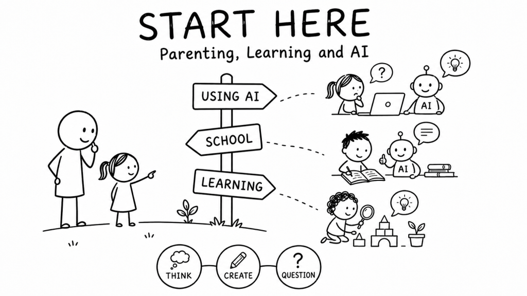 A parent and child choose between paths for using AI, school and learning, with examples of AI supporting questions, study and hands-on exploration.