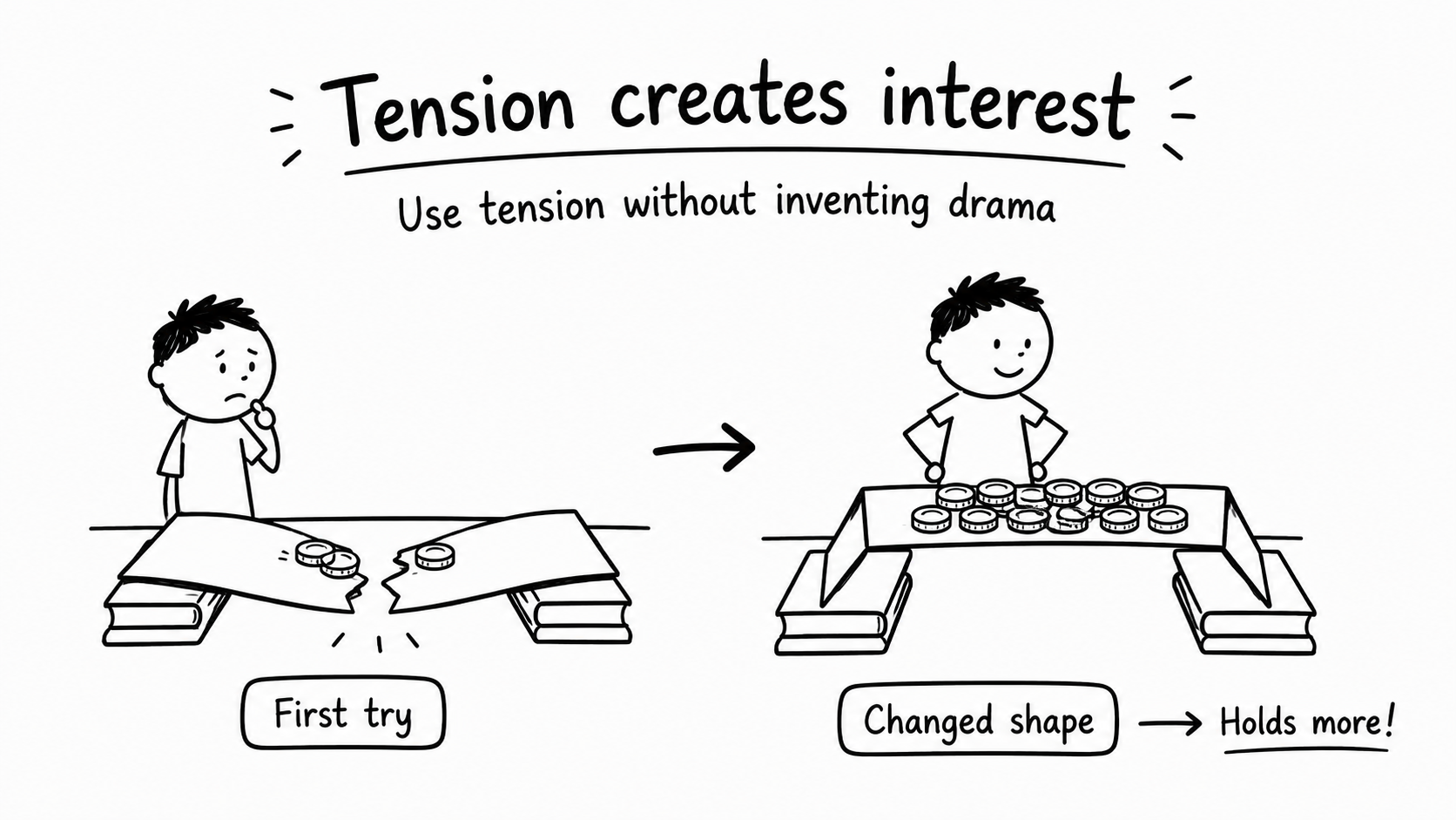 Black-and-white hand-drawn sketch showing a paper bridge failing under coins, followed by a stronger redesign and another test.