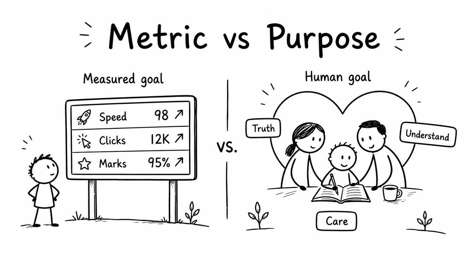 Black-and-white hand-drawn sketch comparing measured goals such as speed and marks with human goals such as truth, understanding and care.