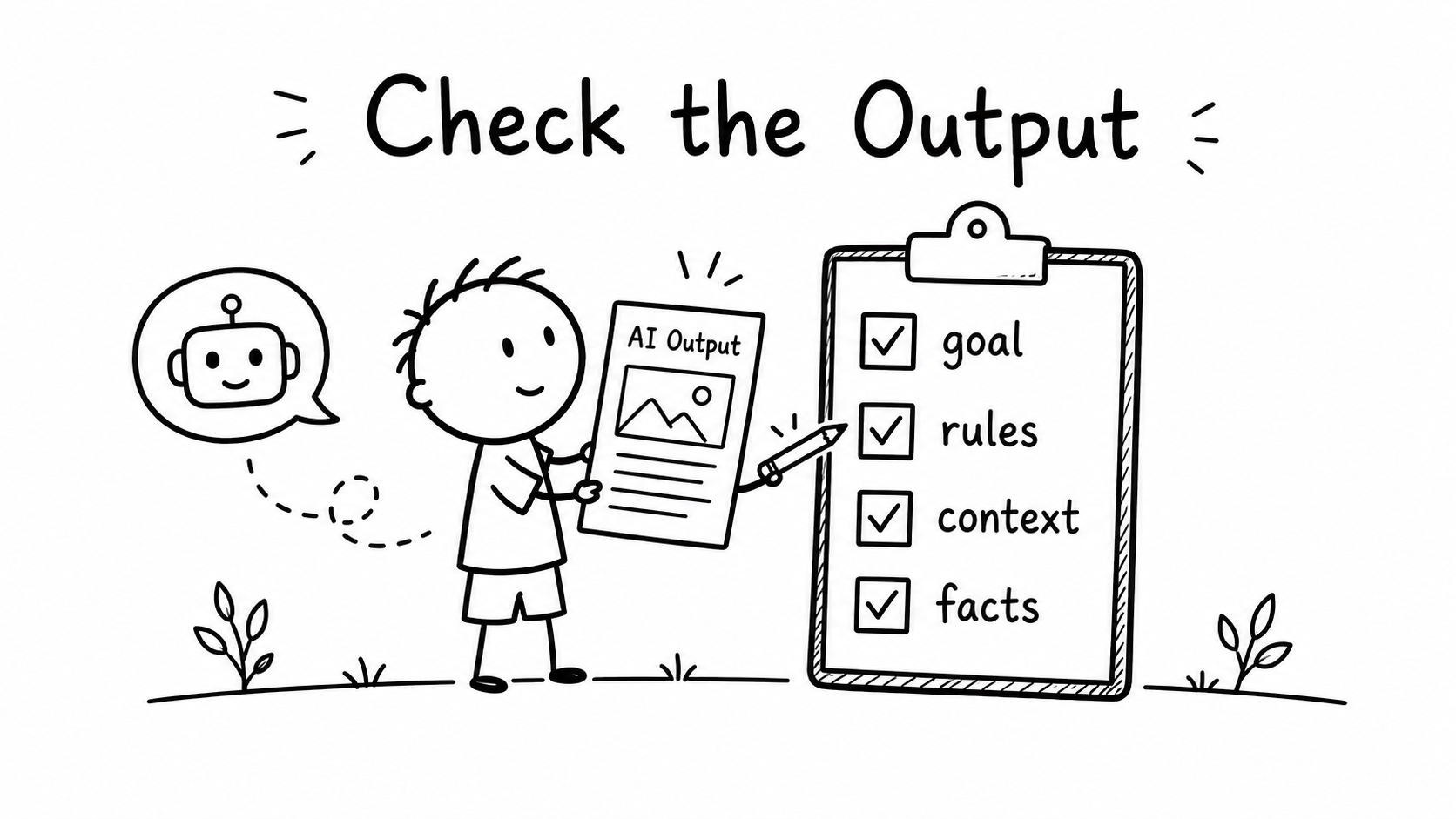 Black-and-white hand-drawn sketch of a child checking an AI response against a list of requirements.
