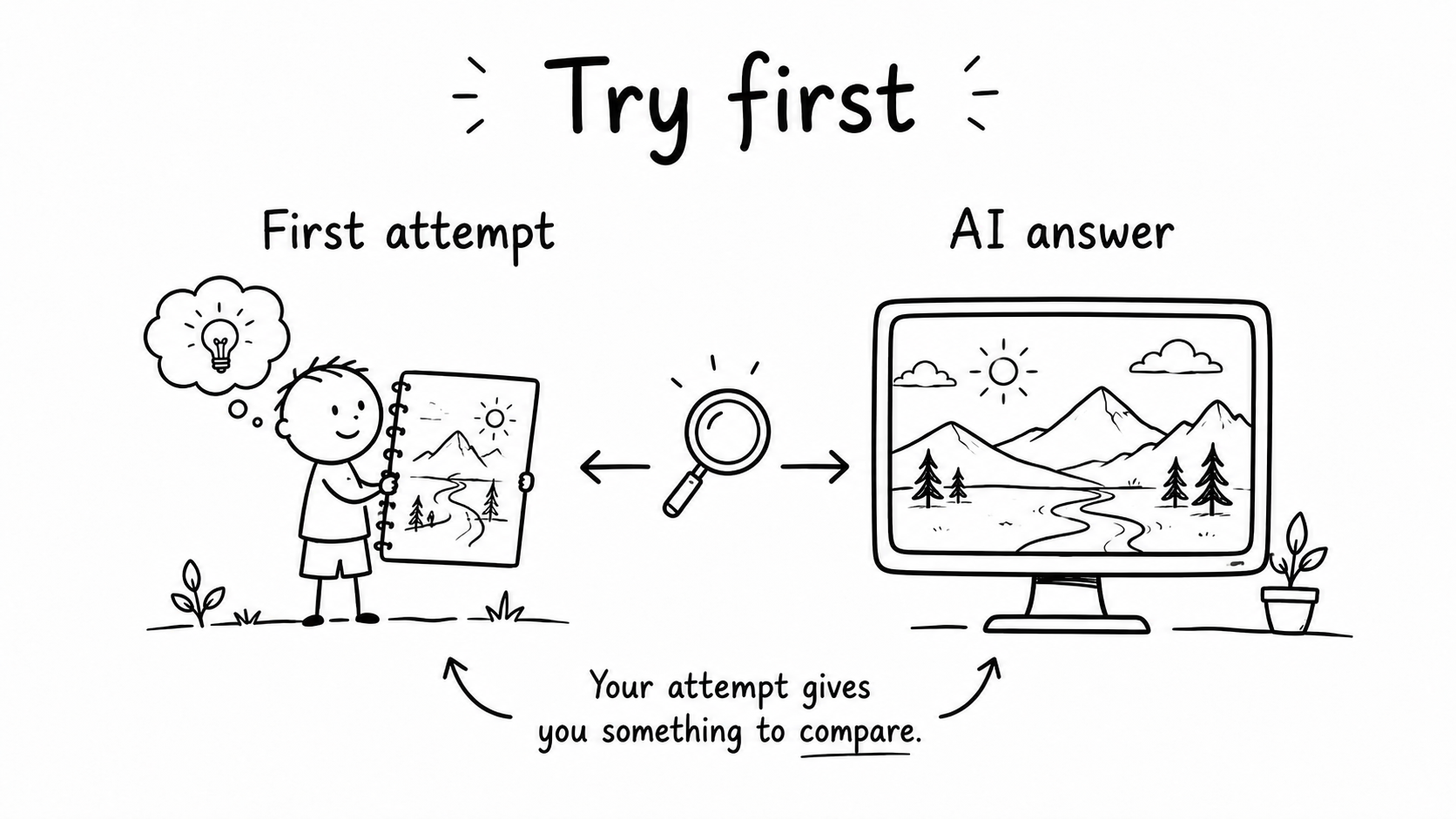 Black-and-white hand-drawn comparison of a child’s first attempt and a polished AI answer, with a magnifying glass between them.