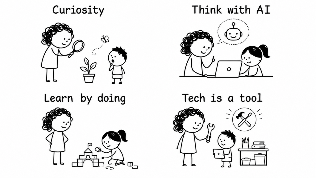 Four ThinkBySketch principles: curiosity, thinking with AI, learning by doing and treating technology as a tool.