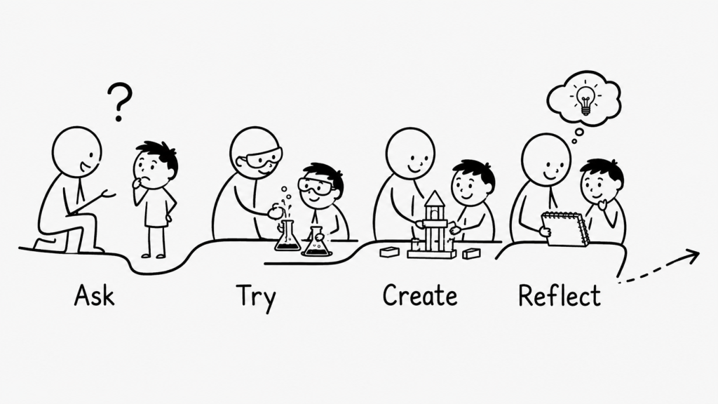 A parent and child move through asking, trying, creating and reflecting.