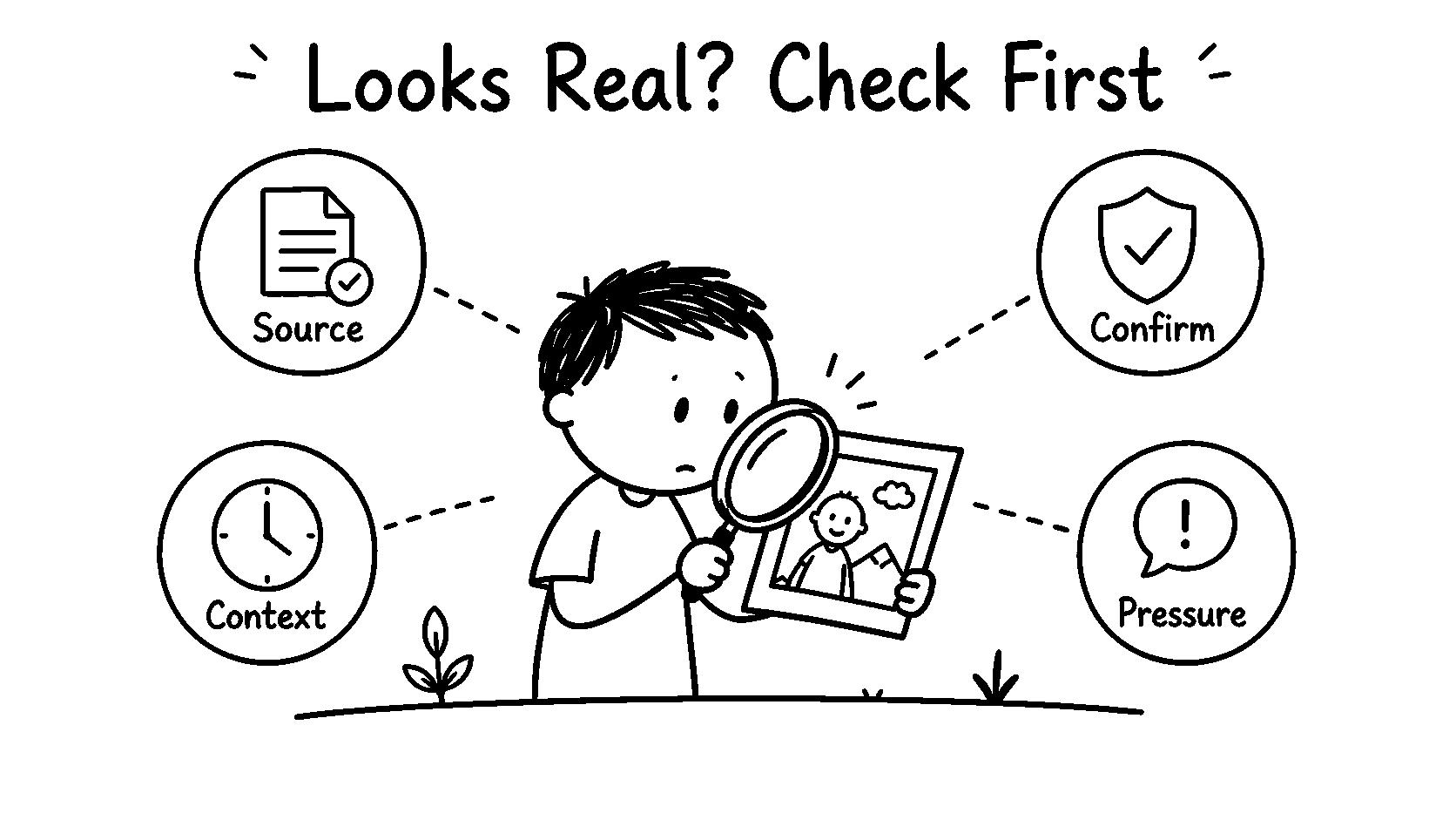 Black-and-white hand-drawn child examining an image with four verification prompts: source, context, confirm and pressure.