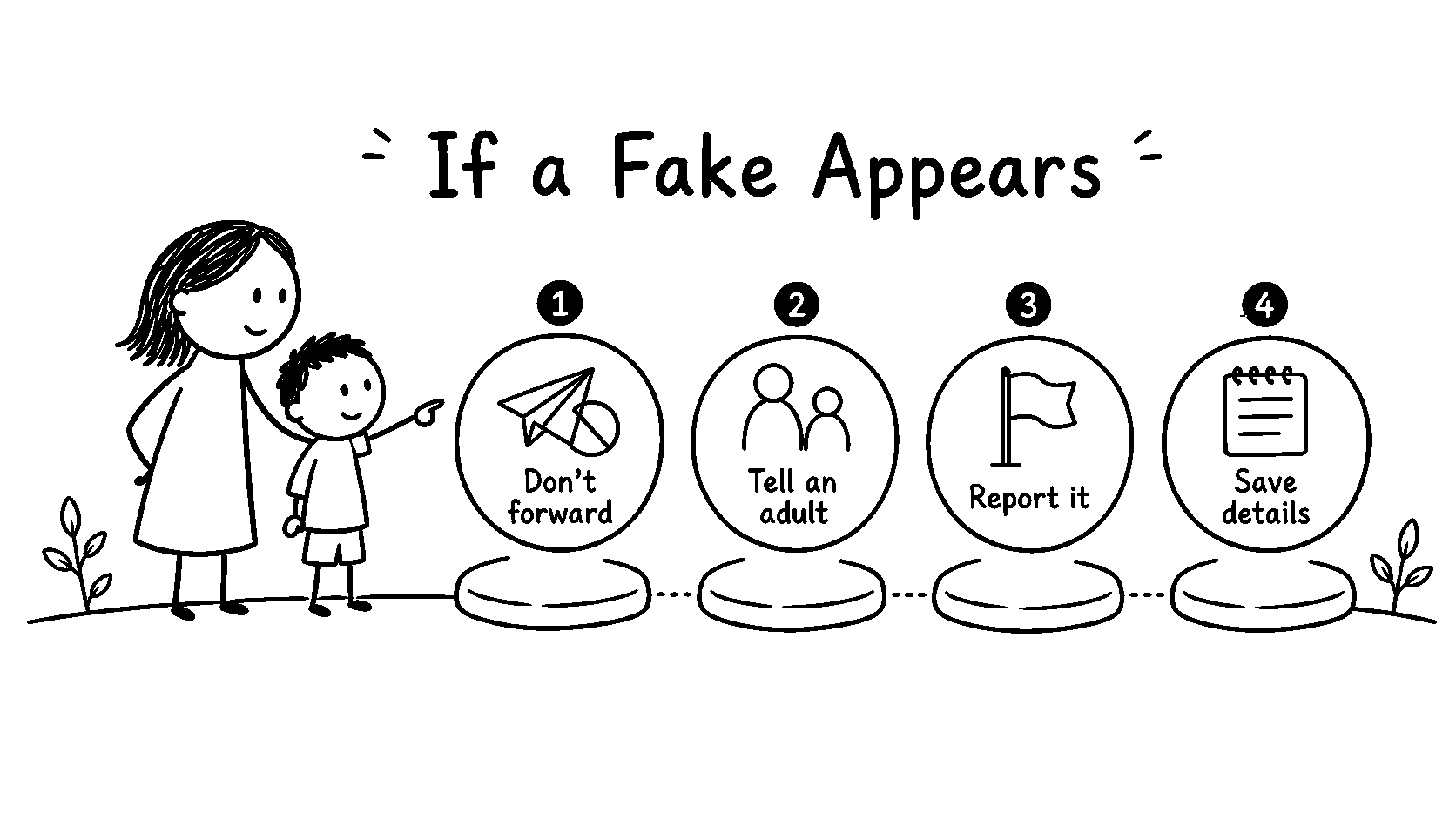 Black-and-white hand-drawn parent and child with four response steps: do not forward, tell an adult, report it and save details.