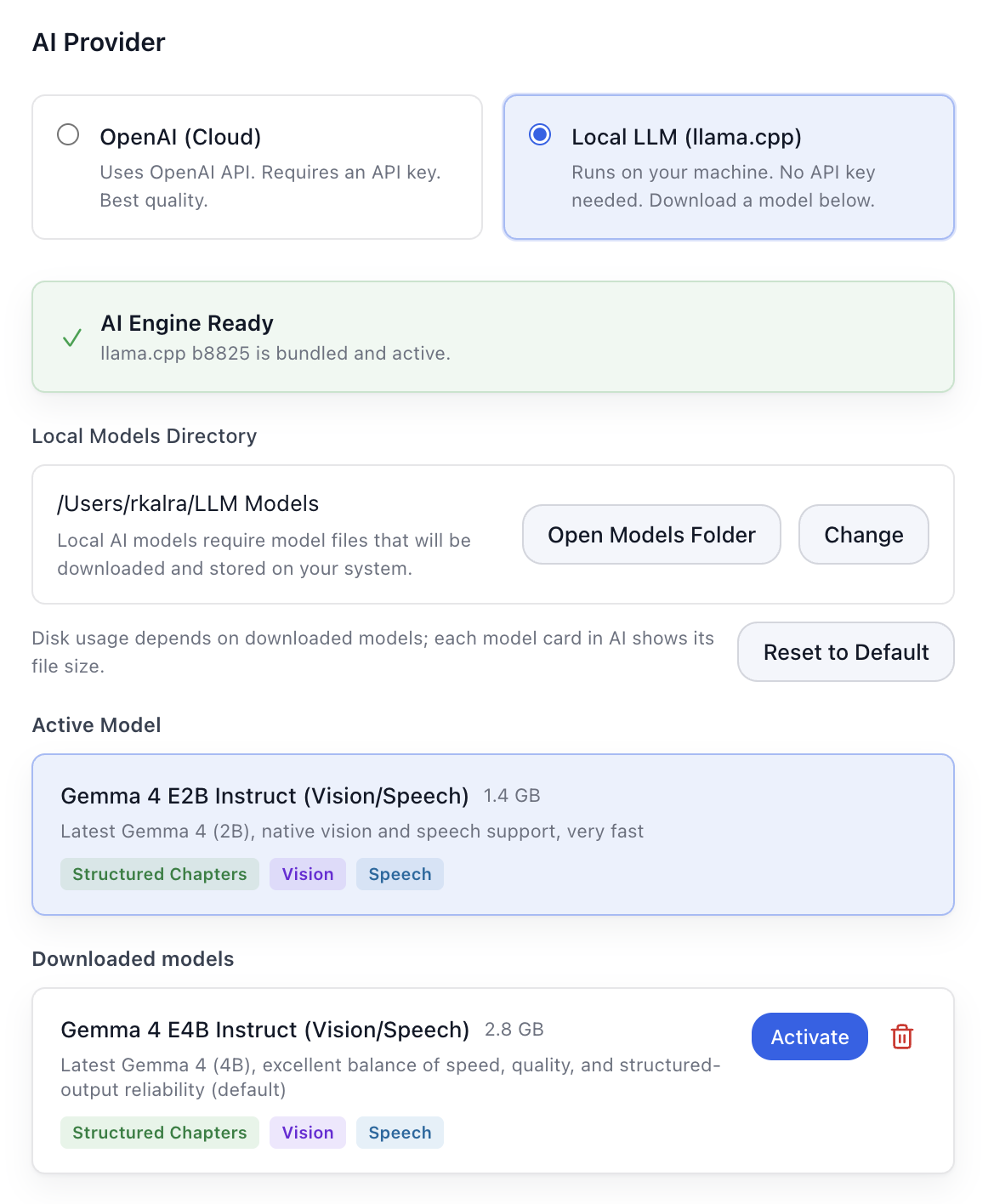 ScribeShot configuration screen showing the choice between a cloud AI provider and a local LLM, with a local Gemma model selected.