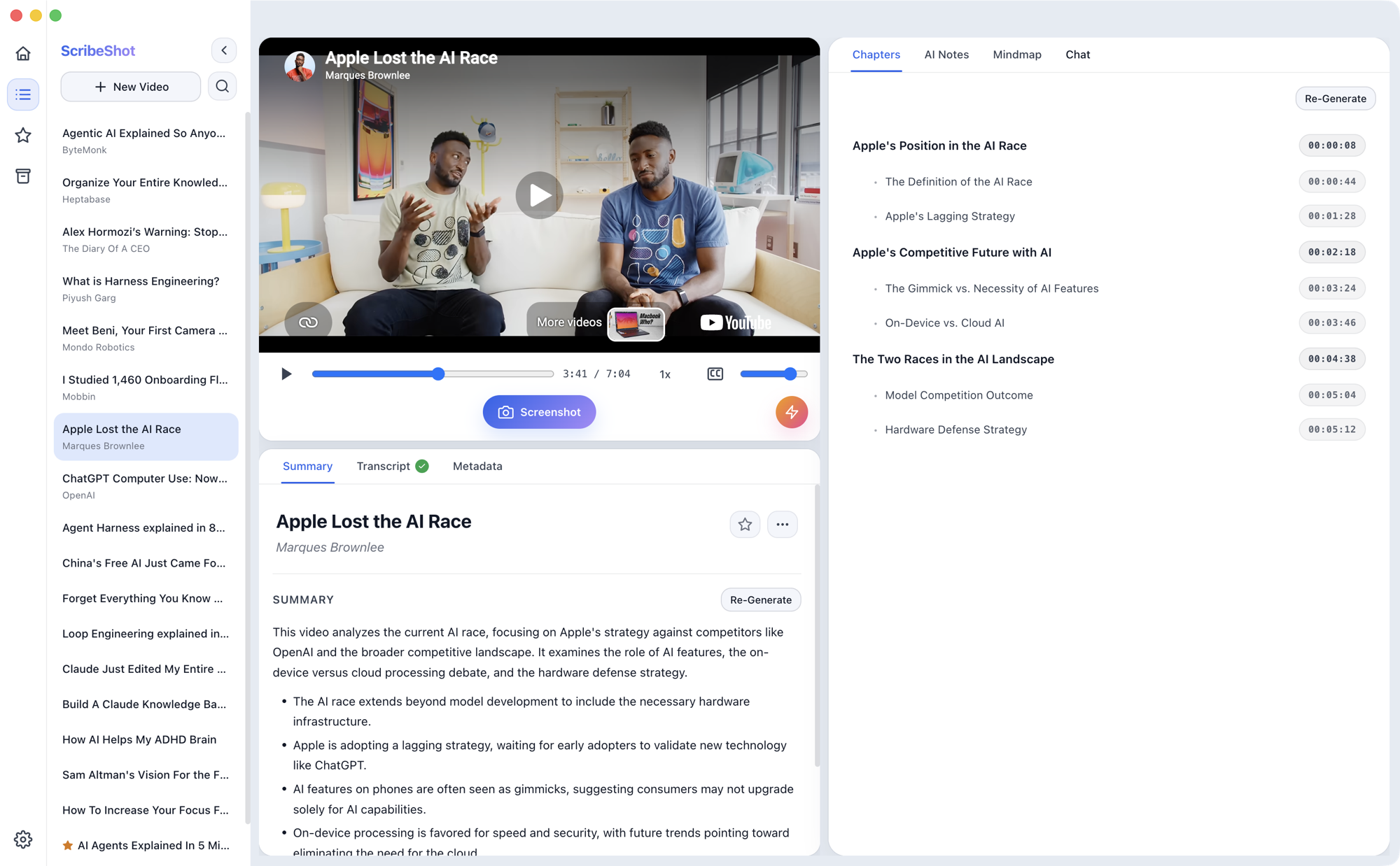 ScribeShot app screenshot showing video chapters organized in the right sidebar so a learner can return to specific parts of a YouTube video.