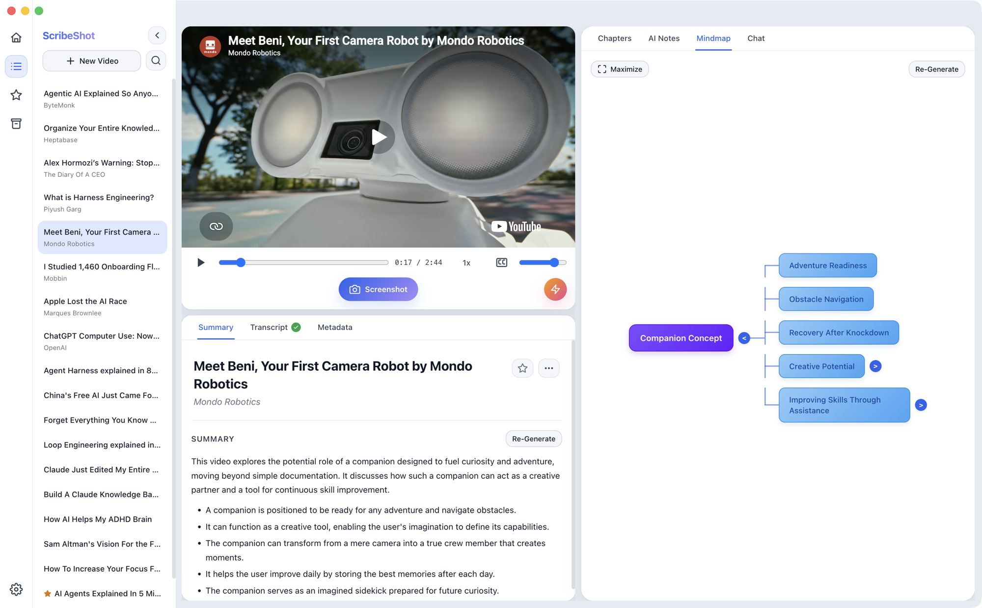 ScribeShot screenshot showing a generated mind map in the right sidebar beside the video workspace.