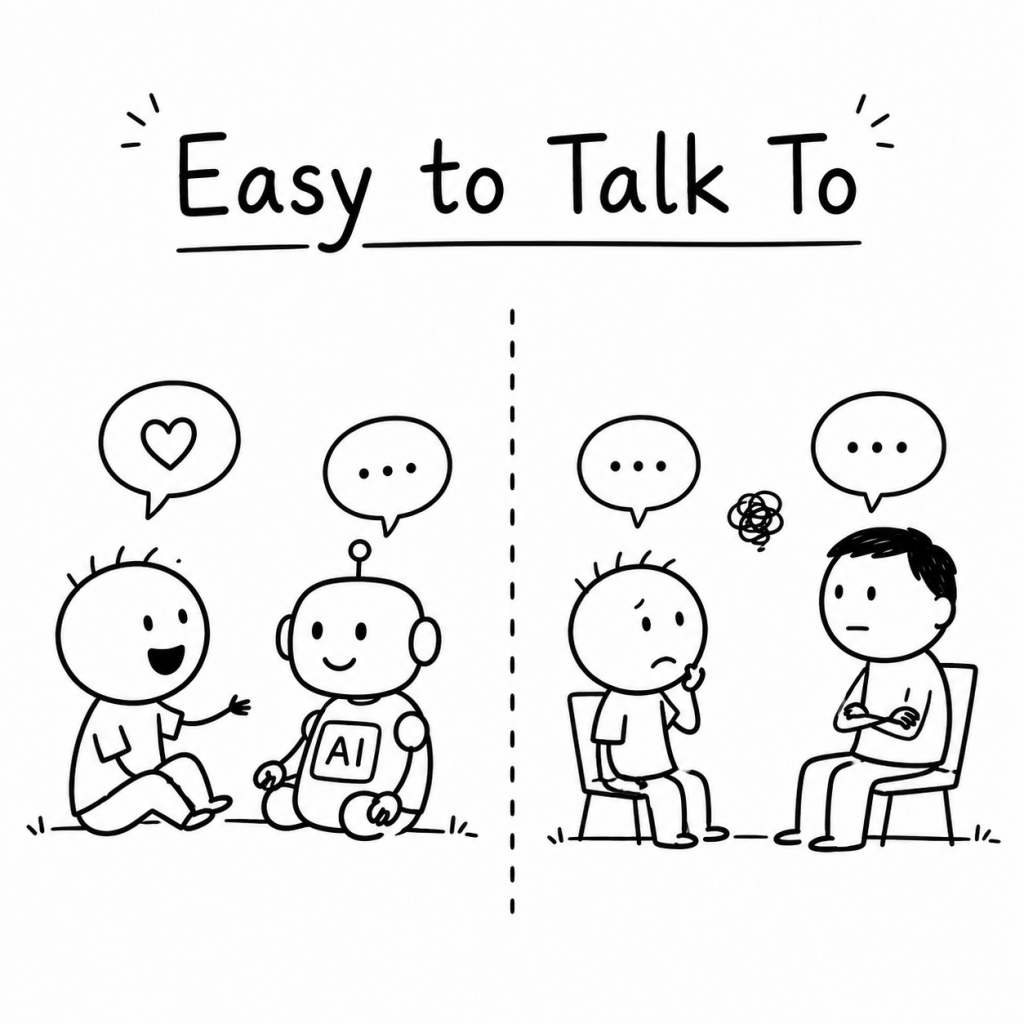 Black-and-white hand-drawn illustration comparing a child talking easily with an AI assistant and facing a more difficult human conversation.