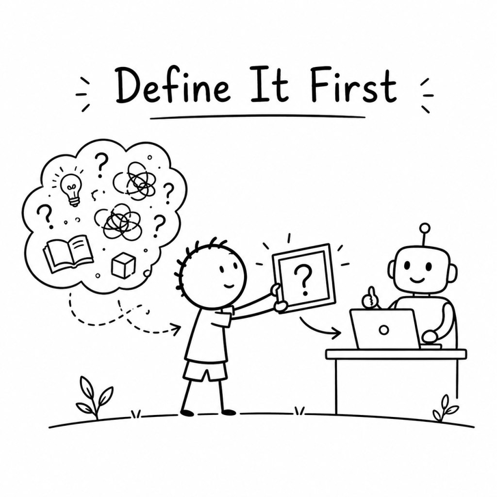 Black-and-white hand-drawn illustration of a child turning a messy cloud of thoughts into a clear question before giving it to an AI assistant.