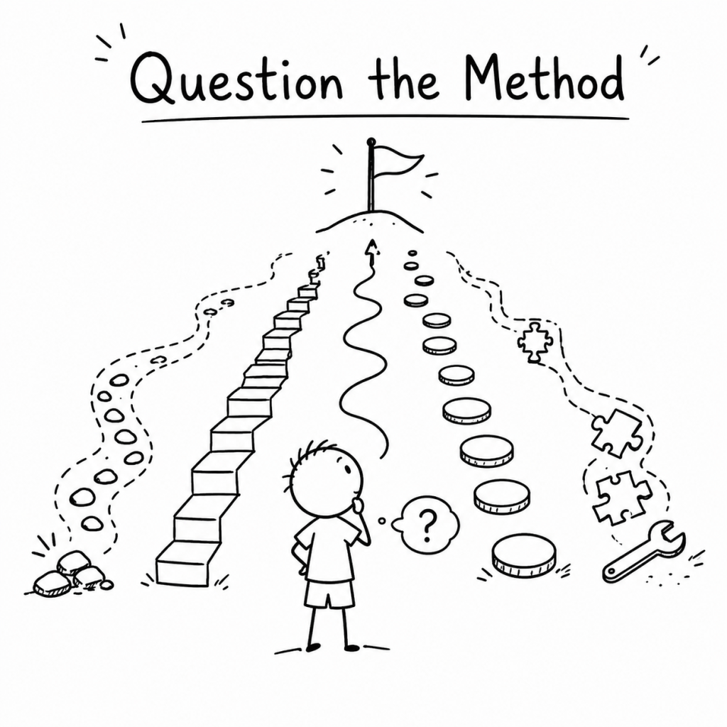 Black-and-white hand-drawn illustration of a child stepping back to compare several methods leading toward the same goal.