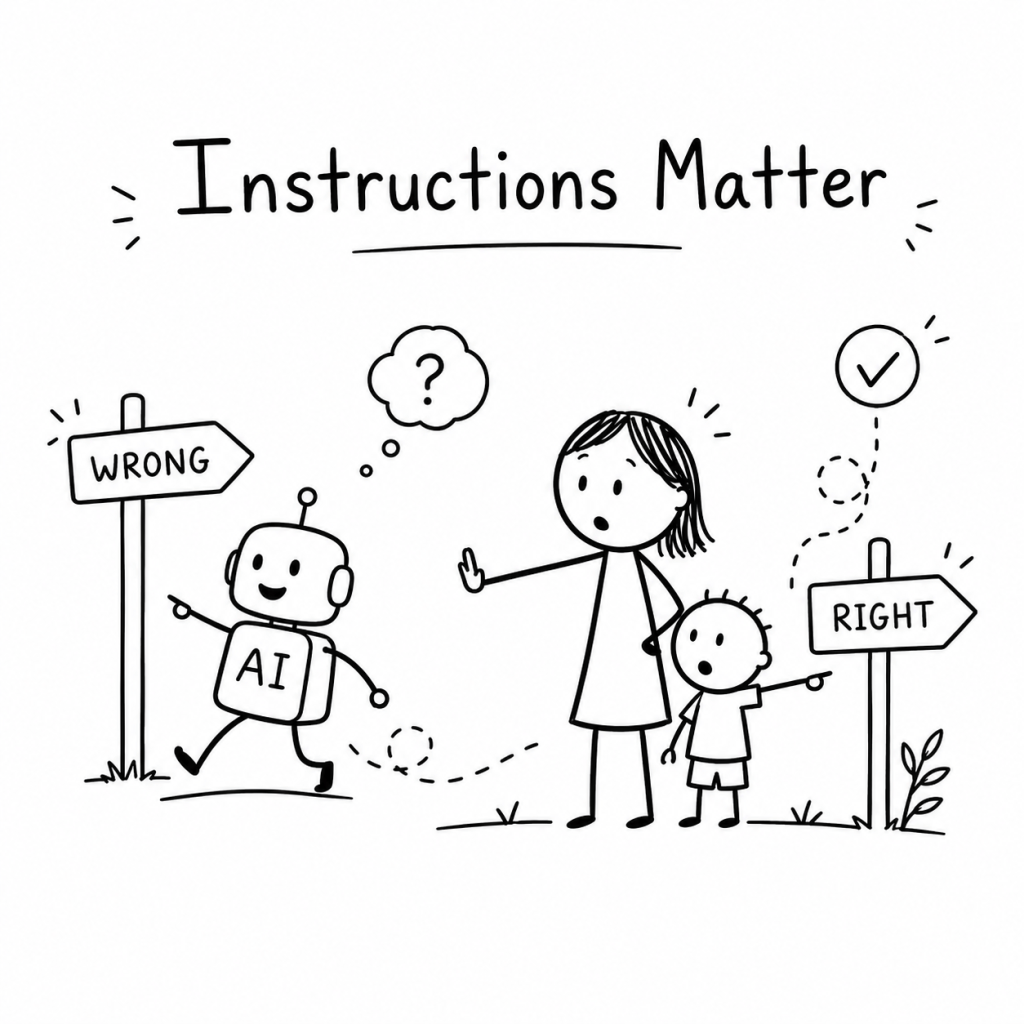 Black-and-white hand-drawn illustration of a friendly AI following a misleading instruction while a parent and child pause to redirect it.