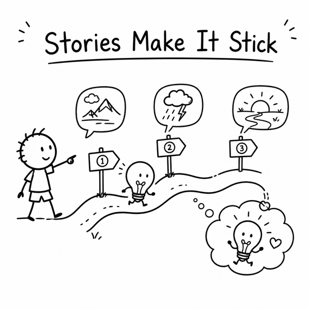 Black-and-white hand-drawn illustration of a child guiding an idea through a simple beginning, change and ending story path.
