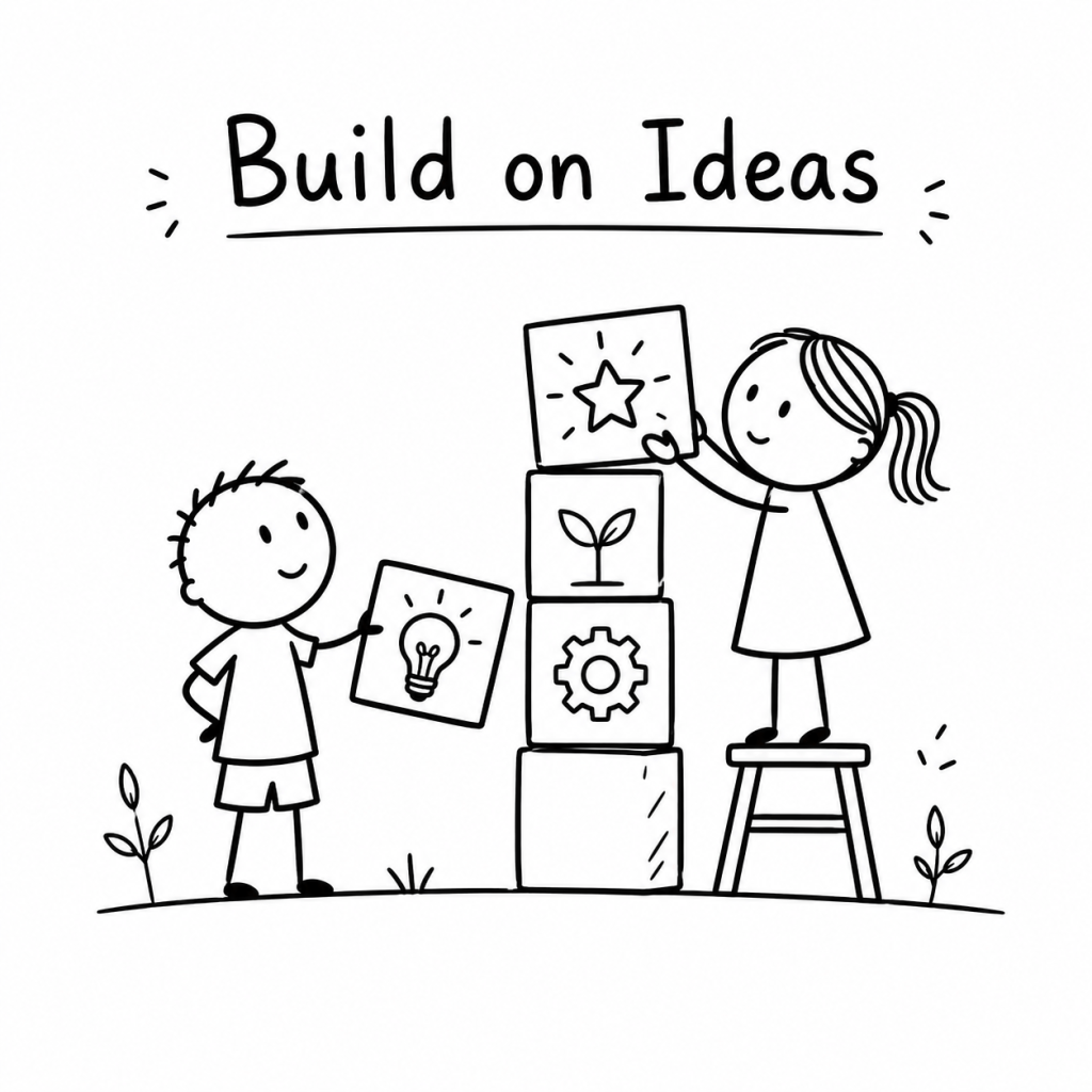 Black-and-white hand-drawn illustration of one child adding to another child’s idea to build something better together.