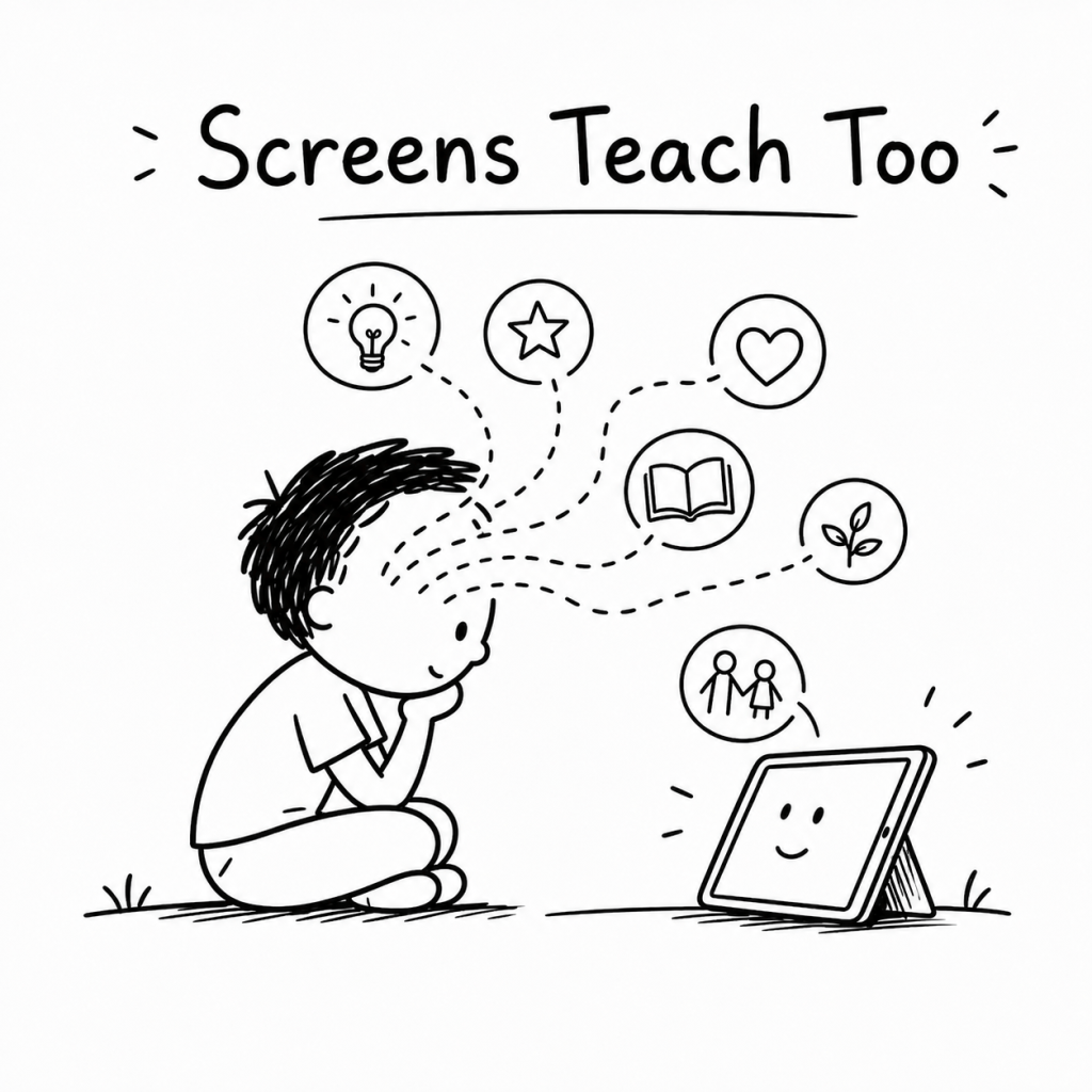 Black-and-white hand-drawn illustration of a child watching a screen while ideas, habits and values are quietly being taught.