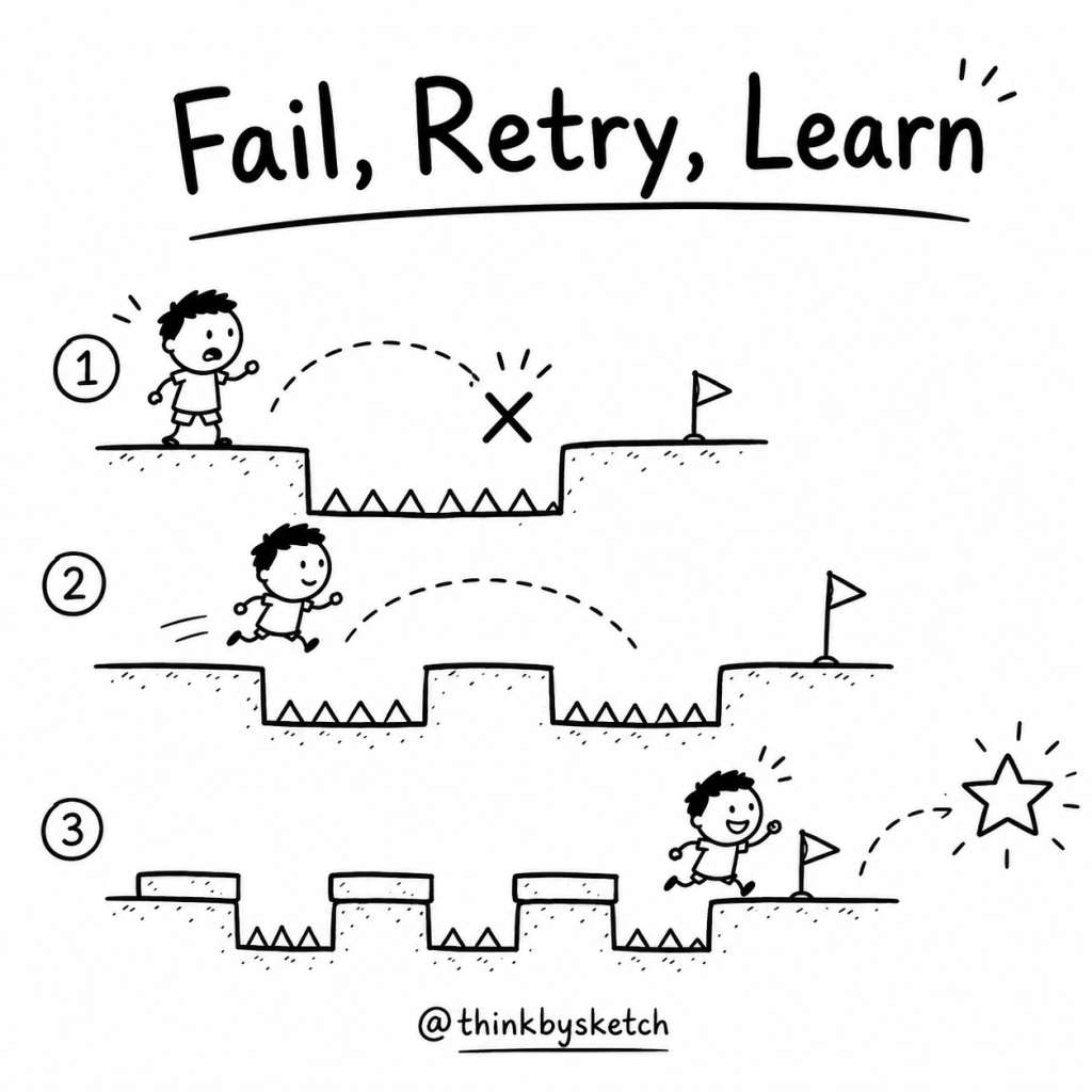 Black-and-white hand-drawn game-like sequence showing a child failing, retrying and learning through repeated attempts.