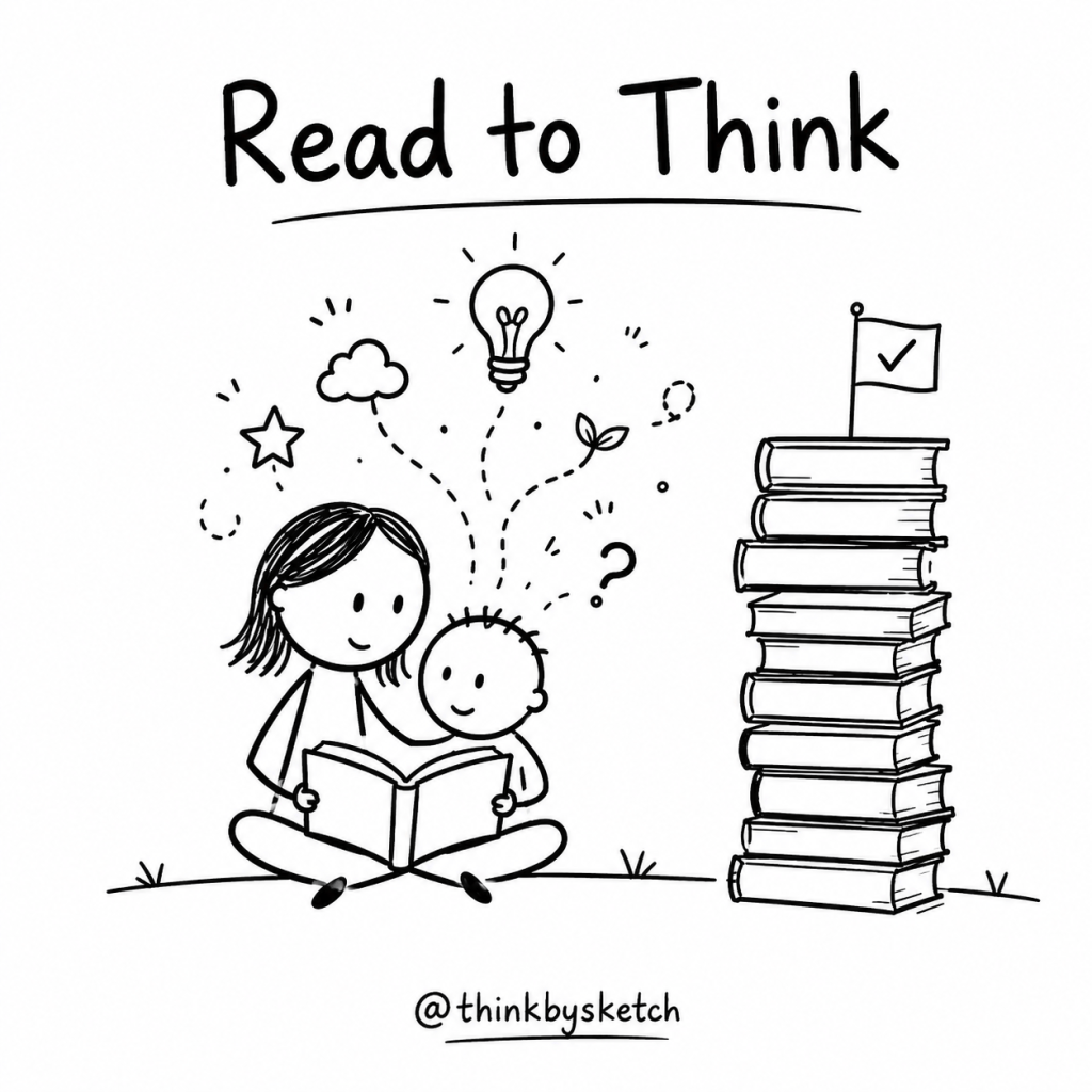 Black-and-white hand-drawn illustration of a parent and child reading one book together while ideas and questions grow from the page.