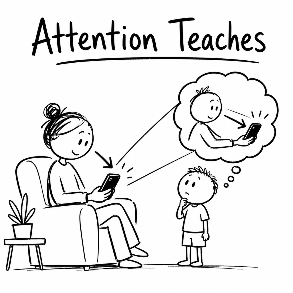 Black-and-white hand-drawn illustration showing a child noticing that an adult’s attention is focused on a phone.