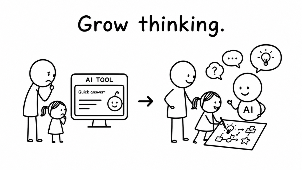 A father and daughter move from accepting a quick AI answer to questioning and creating with AI.