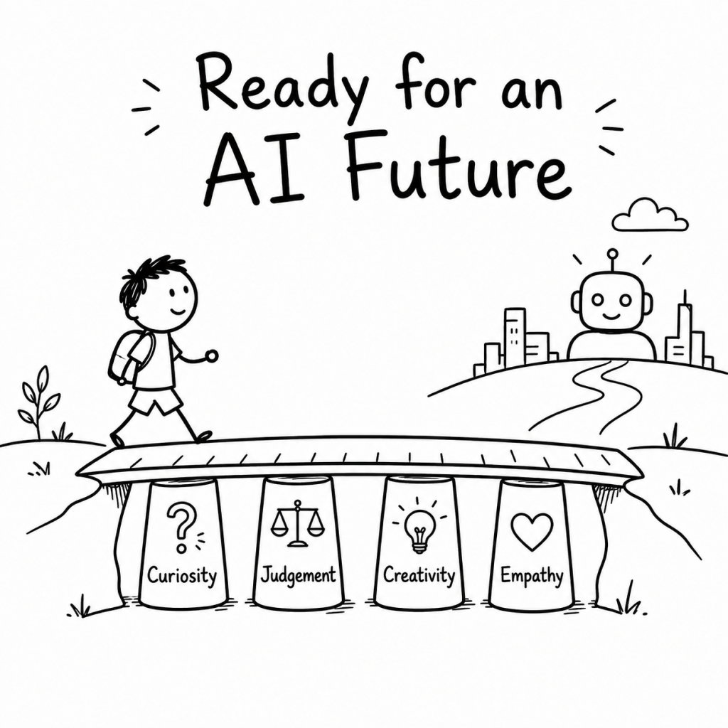 Black-and-white hand-drawn illustration of a child crossing a bridge supported by curiosity, judgement, creativity and empathy toward an AI-shaped future.