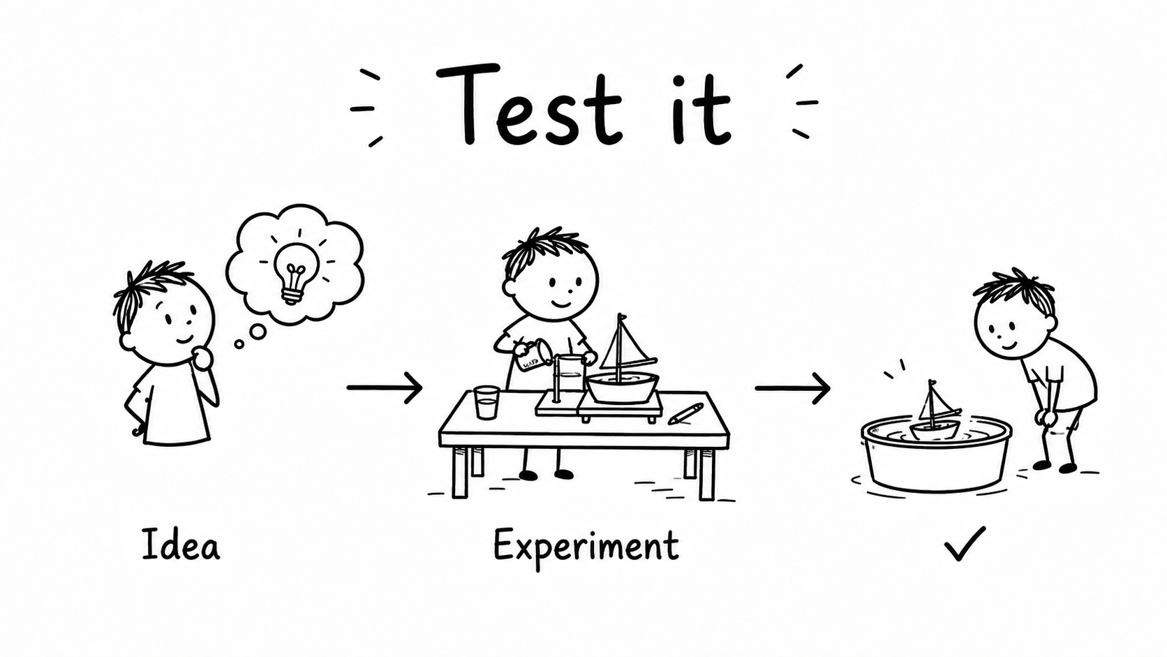 Black-and-white hand-drawn process showing a child moving from an idea to a small experiment and observing the result.