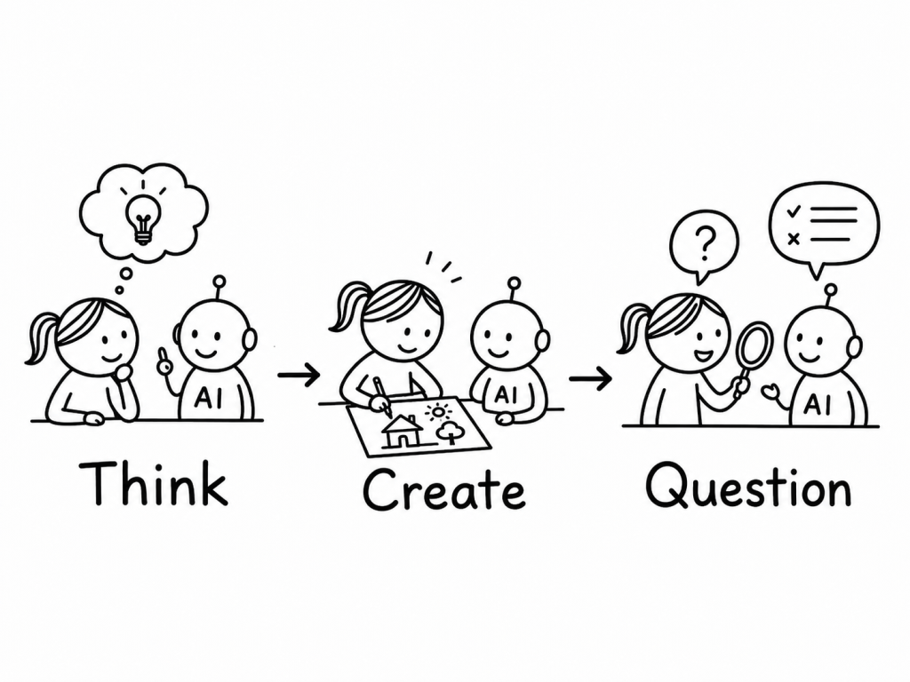 A child uses AI to think, create and question through three connected steps.