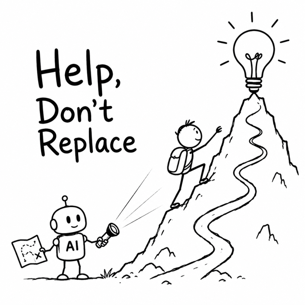 Black-and-white hand-drawn illustration of a child thinking and learning while AI helps from the side instead of doing the work.