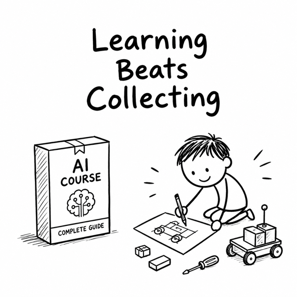 Black-and-white hand-drawn illustration of an unopened AI course beside a child learning by sketching, building and experimenting.