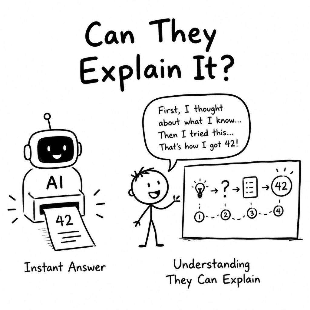 Black-and-white hand-drawn illustration of a child comparing a ready-made AI answer with a path for explaining the idea independently.