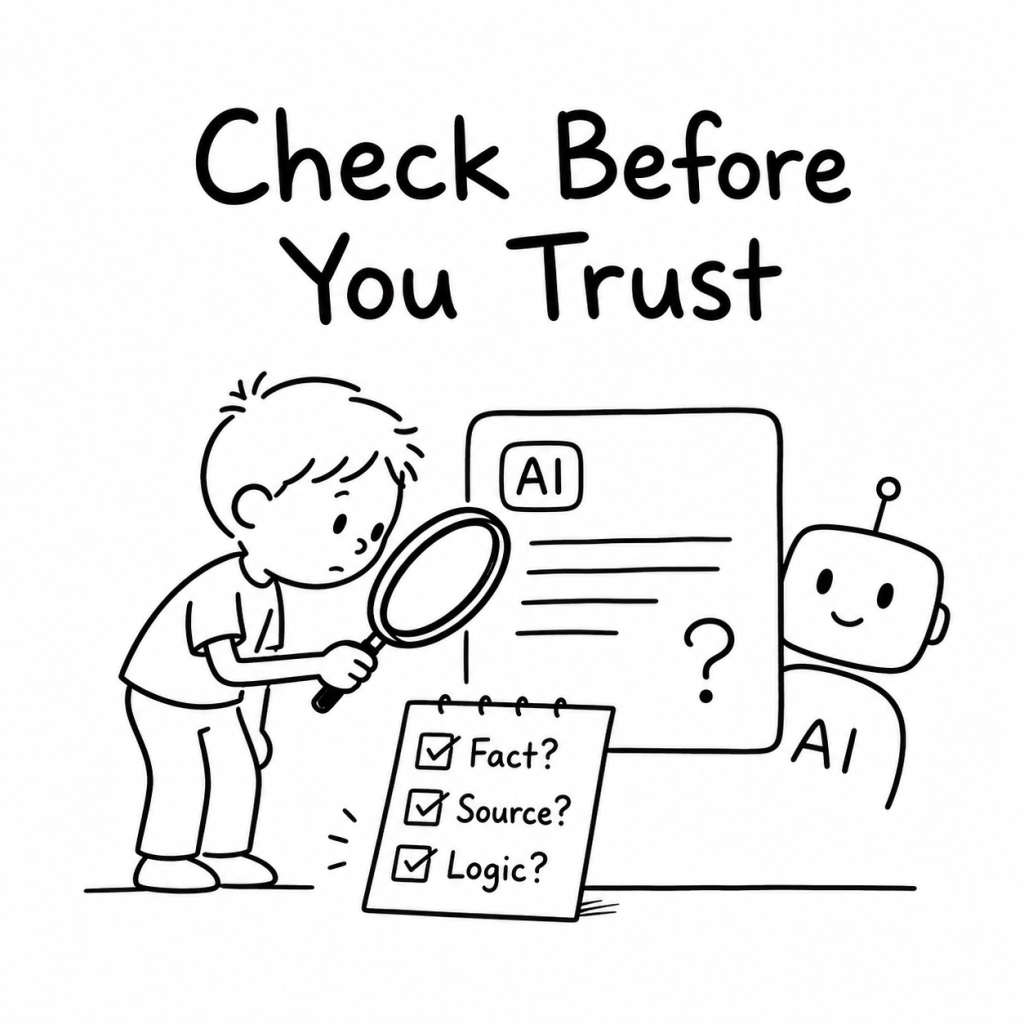 Black-and-white hand-drawn illustration of a child using a magnifying glass to inspect an answer from a friendly AI assistant.