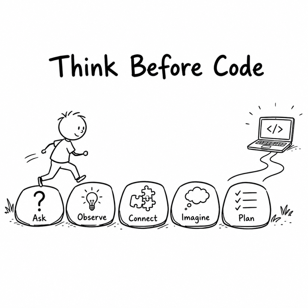 Black-and-white hand-drawn illustration of a child crossing five thinking-habit stepping stones toward a coding laptop.
