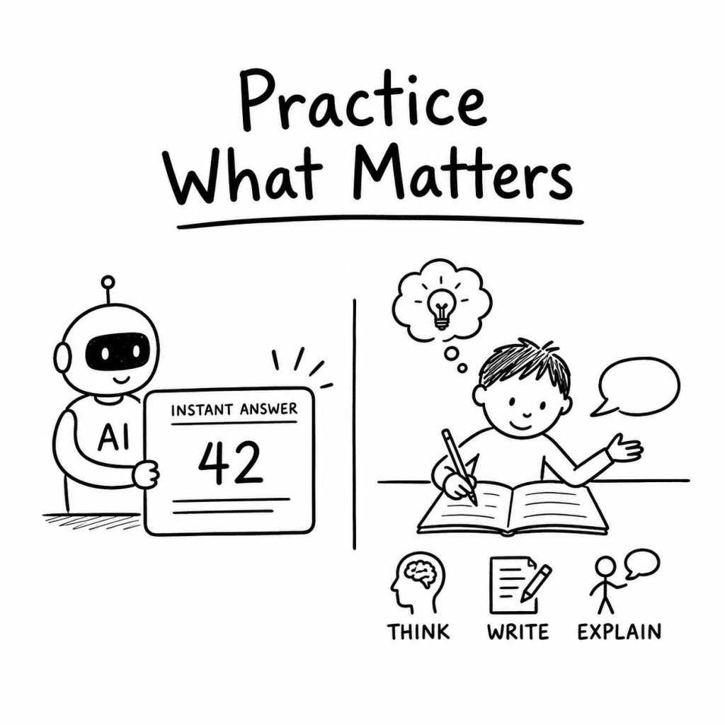 Black-and-white hand-drawn illustration of an AI printing an answer while a child practises writing, thinking and explaining.