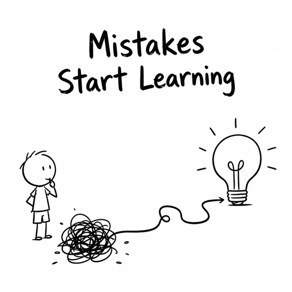 Black-and-white hand-drawn illustration of a child’s mistake turning into a lightbulb and a clearer explanation path.