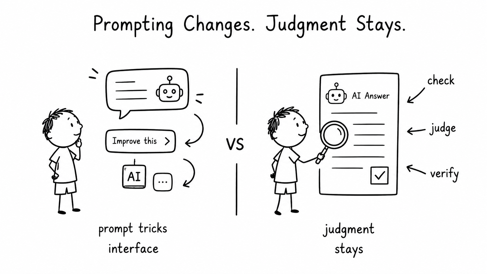 Black-and-white hand-drawn comparison showing prompt tricks and interface buttons on one side and a child checking, judging and verifying an AI answer on the other side.