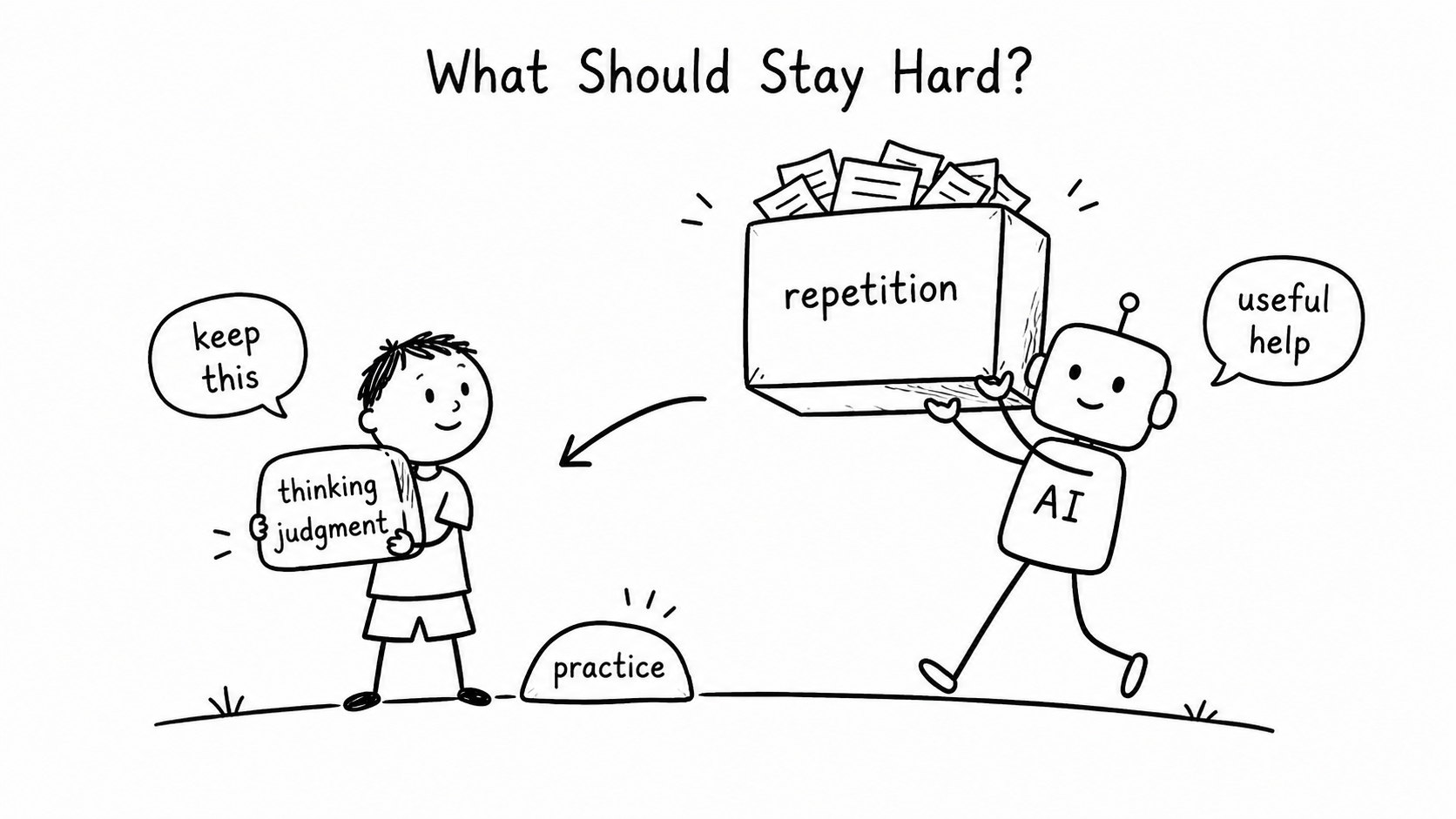 Black-and-white hand-drawn illustration of a child holding a block labeled thinking and judgment while an AI character carries away a box labeled repetition.