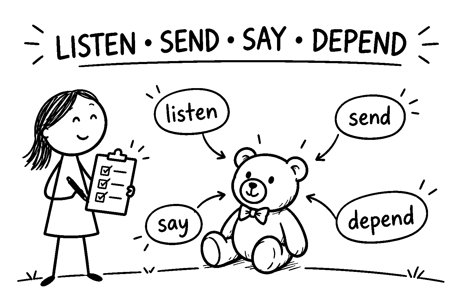 Black-and-white ThinkBySketch sketch showing the four-question test for an AI toy: Listen, Send, Say and Depend.