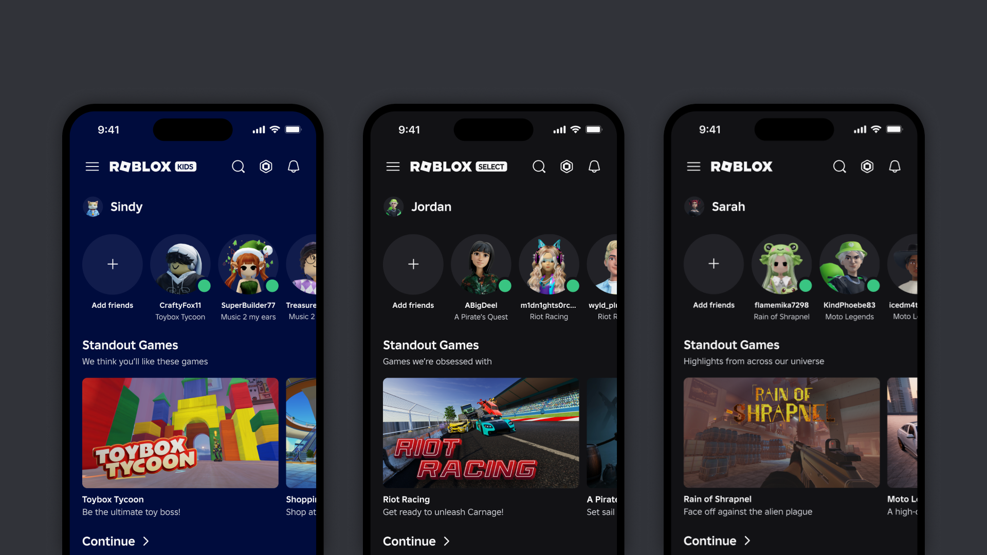 Official Roblox 2026 visual showing the Kids, Select and standard Roblox account experiences on three mobile screens.