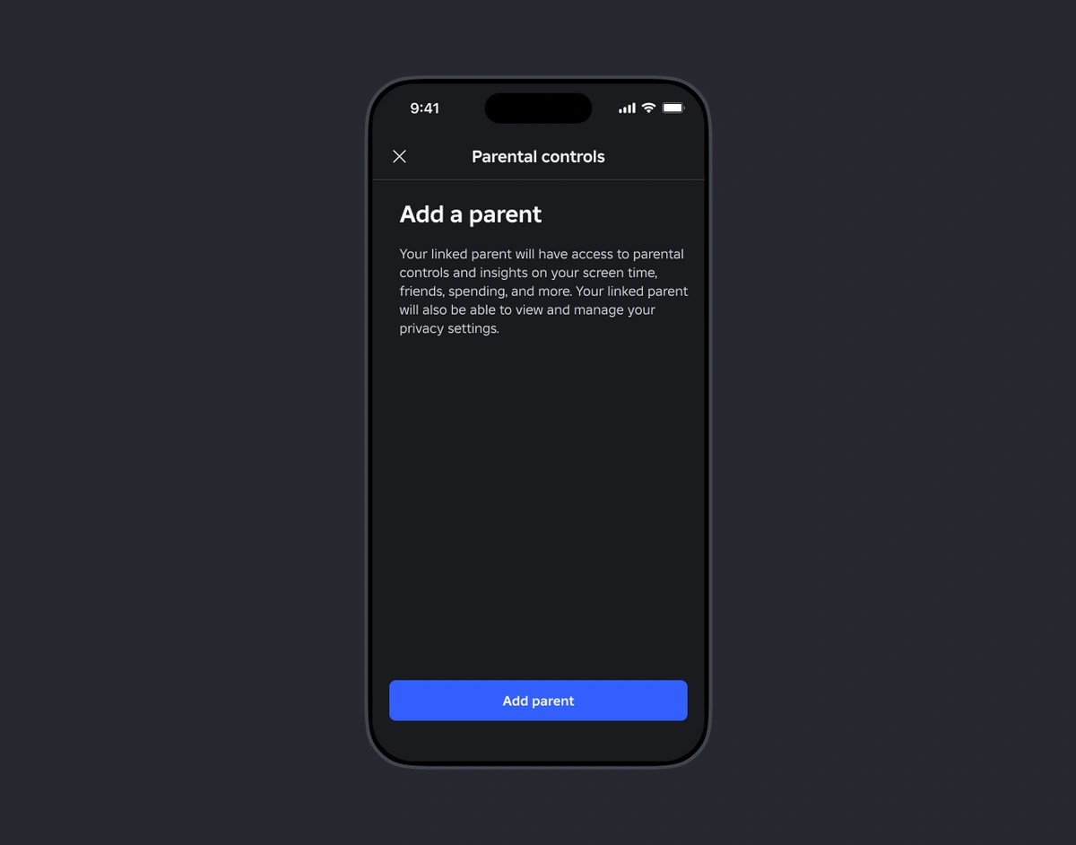Official Roblox screen titled Add a parent, with a button used to start linking a parent account.