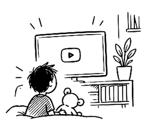 Child and teddy bear watching a video on a television, illustrated as a black-and-white doodle.