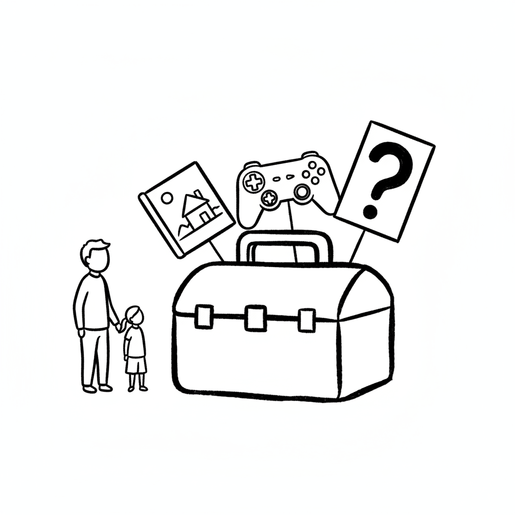 Hand-drawn parent and child looking at an open toolbox containing a book, game controller and question-mark card.