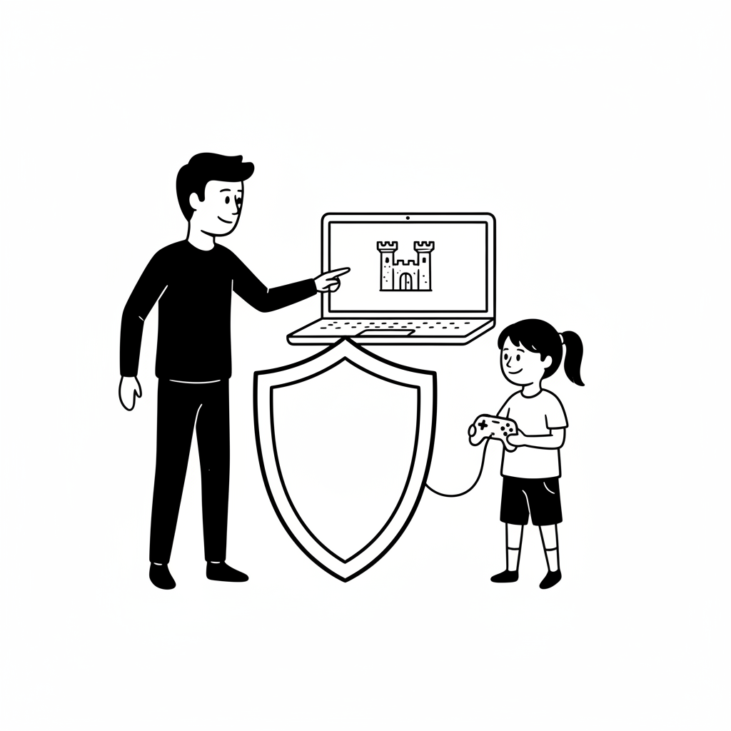 Black-and-white stick-figure parent and child beside a game screen, with a shield symbol representing agreed safety boundaries.