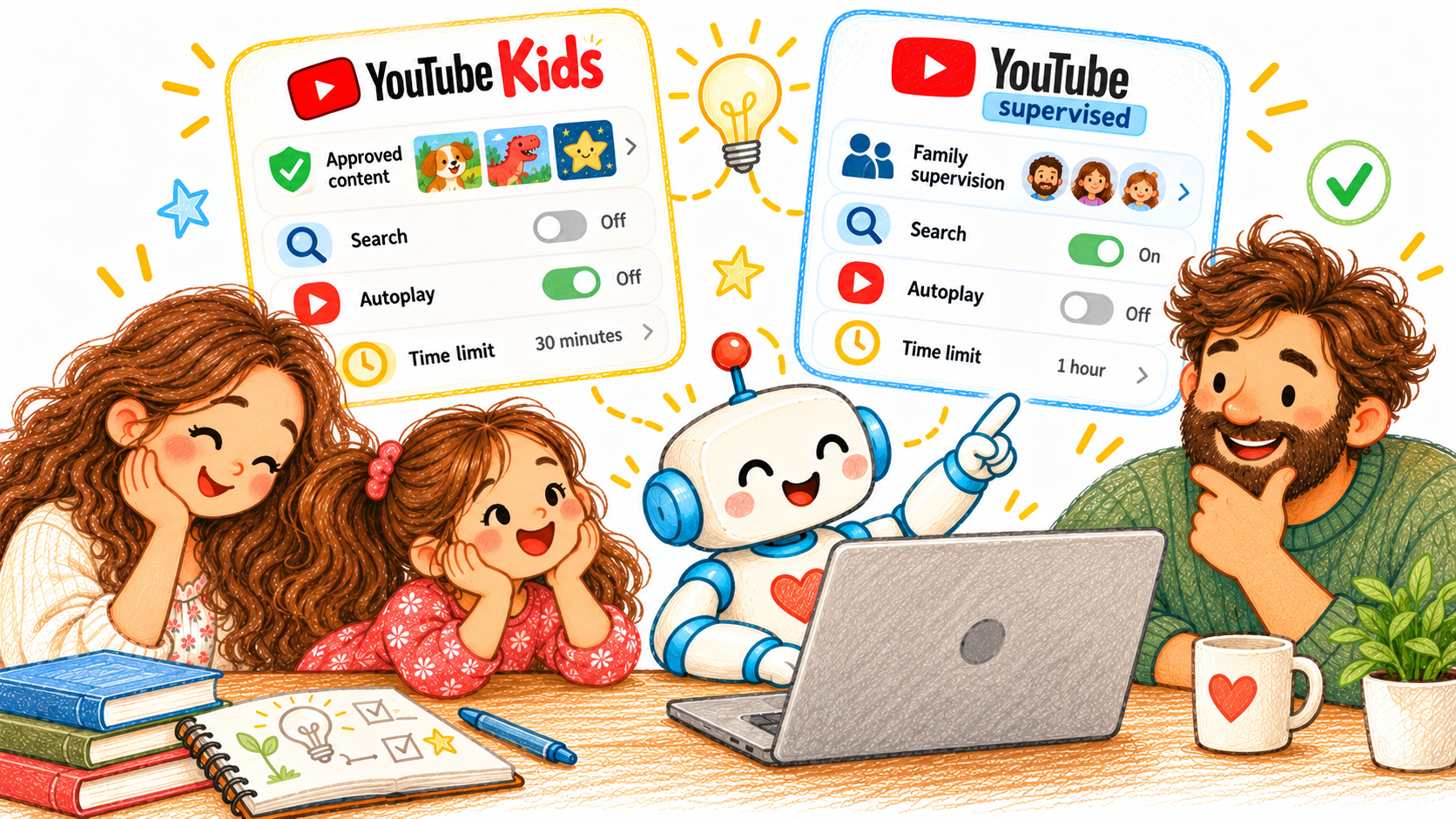 Mother, daughter, father, and friendly robot comparing drawn control panels for YouTube Kids and supervised YouTube, with sample search, autoplay, and viewing-time controls.